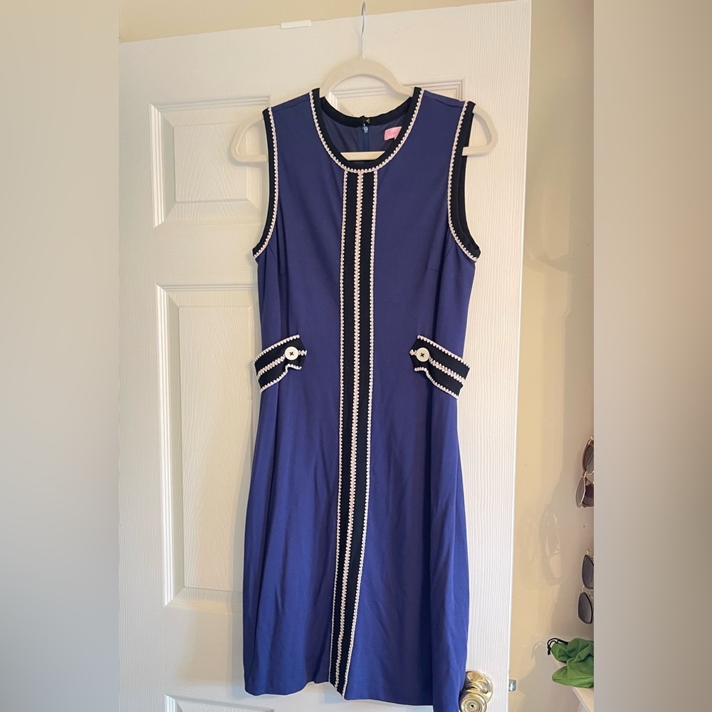 Lilly Pulitzer Navy Blue Sleeveless Midi Dress with White Trim